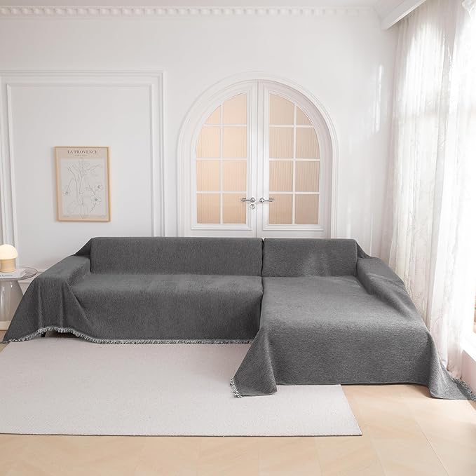 MYSKY HOME Couch Cover for Dogs, Washable Couch Covers, Non Slip Sofa Cover, Couch Cover 2 Cushion Sofa Dogs Furniture Protector with Tassels, Chenille Sofa Slipcover for Pets, 71"x118", Dark Grey