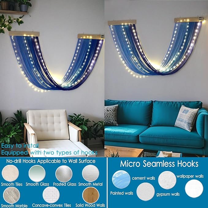 OakHaomie Macrame Fairy Lights Battery Operated with Remote,Large Macrame Wall Hanging with 20ft 100 LED String Lights, Blue Gradient Warm White Light for Living Room,Bedroom,Christmas,Holiday Deco