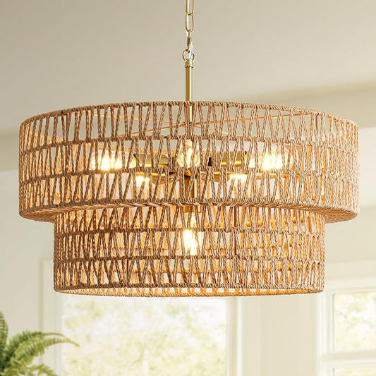 23.6" Boho Rattan Chandelier, 6-Light Large Rattan Pendant Light with 2-Tier Wicker Shade, Bohemian Farmhouse Ceiling Light Fixture Chandelier for Dining Room, Living Room, Bedroom, Kitchen Island