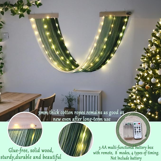 OakHaomie Macrame Fairy Lights Battery Operated with Remote,Large Macrame Wall Hanging with 20ft 100 LED String Lights,Green Gradient Warm White Light for Living Room,Bedroom,Christmas,Holiday Deco