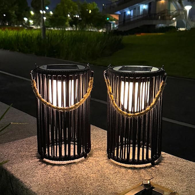 TRIROCKS Set of 2 Solar Lantern Outdoor Table Lamp Outside Hanging Solar Lights with Olifen Rope Waterproof Rattan Outside Deck Light for Patio Garden Lawn Yard (Black)