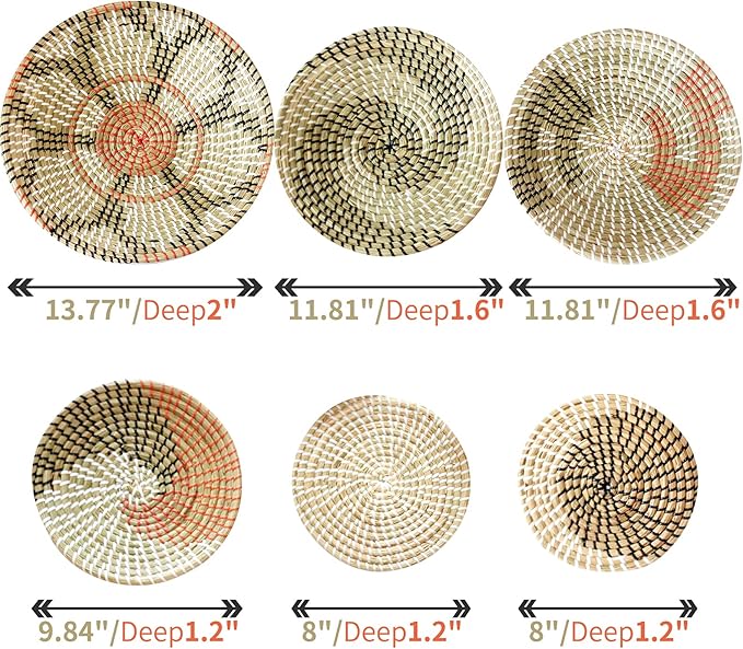 Boho Wall Basket Decor Set of 6 - Hanging Woven Basket Wall Decor, Handcrafted Round Flat Seagrass Baskets Wall Art, for Modern、Farmhouse、Home - Unique Modern Wall Basket Decor