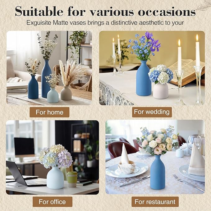 Dandat Ceramic Vase Set of 4, Modern Decorative Ceramic Vases Rustic Pottery Centerpiece Table Decor for Farmhouse Bouquet Pampas Grass Dried Fresh Flowers, Living Room, Kitchen, Bedroom(Blue)