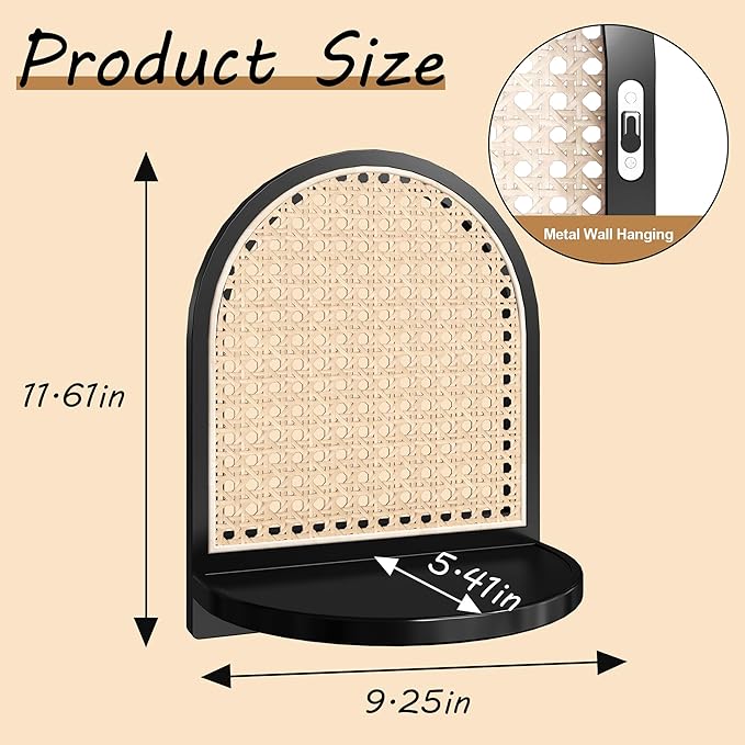 Rattan Shelf Set of 2, 7'' Black Rattan Shelf with Wicker Decor, Boho Wall Decor Small Floating Shelf for Plant Figurines Display, Mini Shelves for Knick Knack Storage