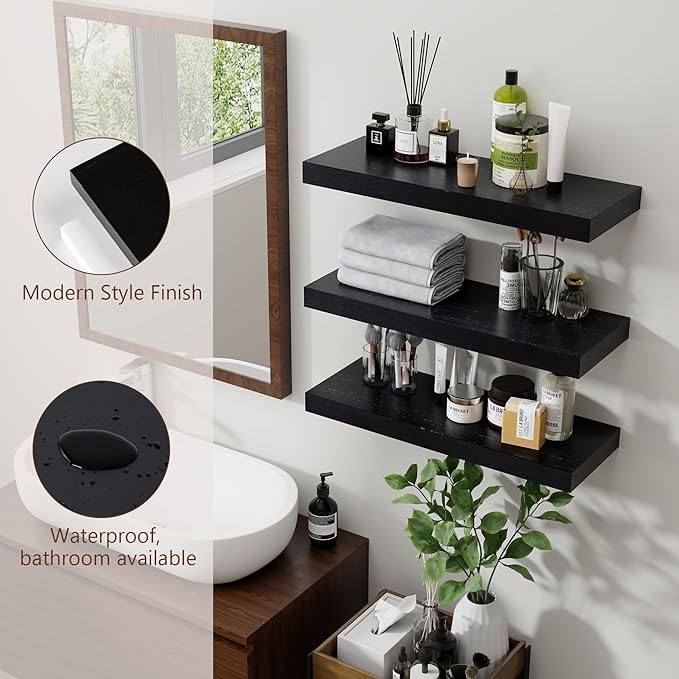 fuqing Floating Shelves for Wall - Black Wood Wall Shelves Set of 3 - Modern Style Wooden Shelves for Room Decor & Storage