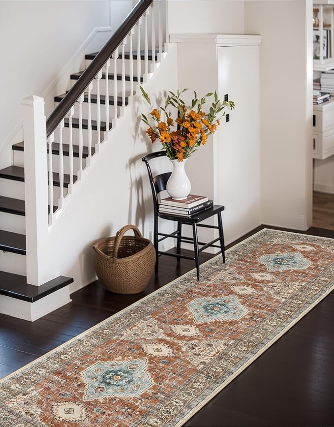 Lahome Oriental Hallway Runner Rug, 2.5x8 Kitchen Runner Non Slip Ultra-Thin, Soft Washable Hallway Rug Non Shedding Long Carpet for Entryway ‎Laundry Room Bathroom, Orange/Multi