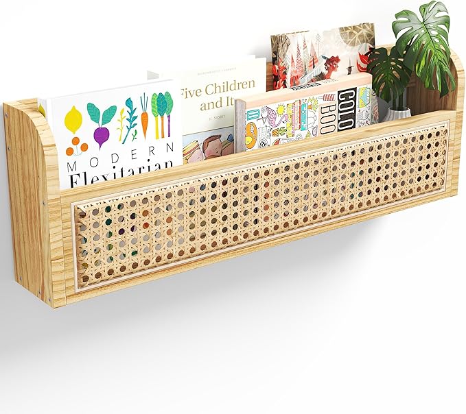 Wooden Rattan Wall Shelf - 24’’ Nursery Hanging Book Shelves for Wall, Picture Ledge Wicker Shelf, Boho Decorative Shelves for Netural Nursery Decor, Floating Rattan Shelf for Office,Bedroom