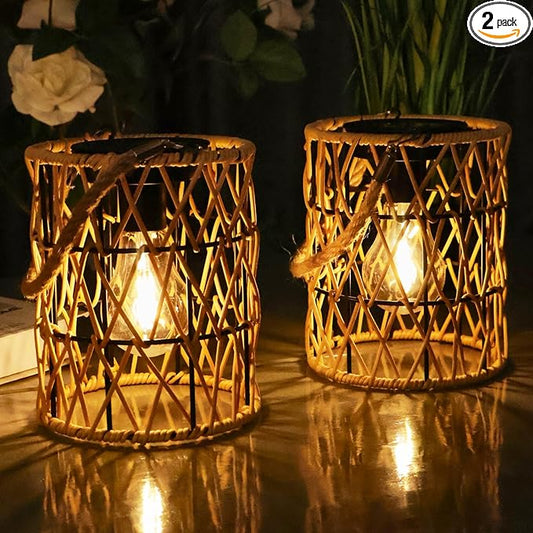 Hanging Solar Lanterns Outdoor Waterproof, 2 Pack Rattan Solar Hanging Lights, Outdoor Lamp Decorations for Yard Garden Pathway Patio Pathway Proch Table Decor