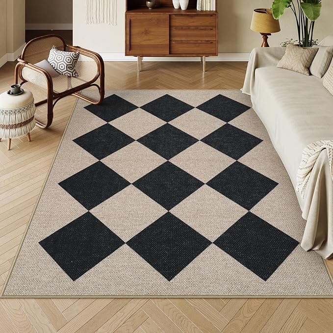 Collive Checkered Easy Jute Outdoor Area Rug 5x7, Washable Black Diamond Living Room Rugs Non Slip, Modern Farmhouse Indoor Outdoors Carpets for Dining Room Nursery Patio Bedroom Backyard Camping