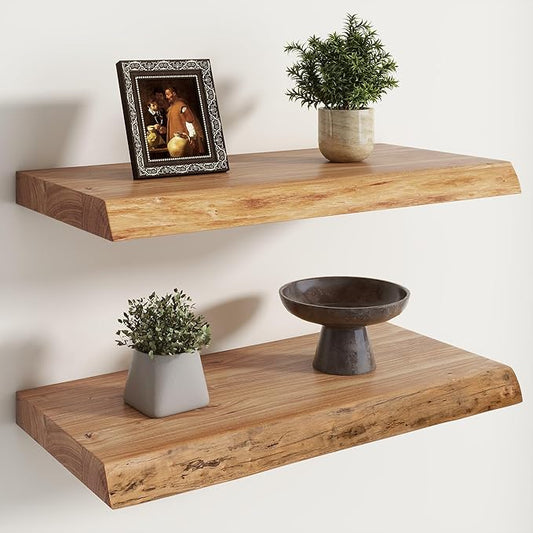 RICHFOCUS Live Edge Elm Floating Shelves - 24" W x 9.3" D Rustic Solid Wood Wall Shelves with Invisible Bracket, Wall-Mounted for Living Room, Bedroom, Kitchen Storage & Display, Set of 2, Natural
