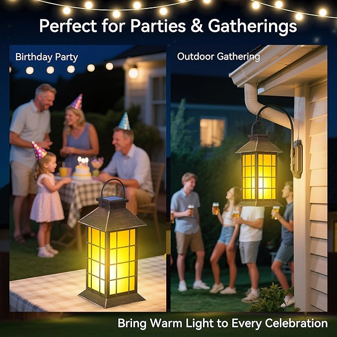 anyperfect 2 Pack 13" Copper Solar Lantern with Flickering Flame Candle | Outdoor Waterproof Hanging Solar Lanterns, Metal & Glass Lights for Garden Decoration, Rustic Gifts for Mom