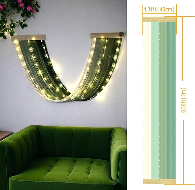 OakHaomie Macrame Fairy Lights Battery Operated with Remote,Large Macrame Wall Hanging with 20ft 100 LED String Lights,Green Gradient Warm White Light for Living Room,Bedroom,Christmas,Holiday Deco