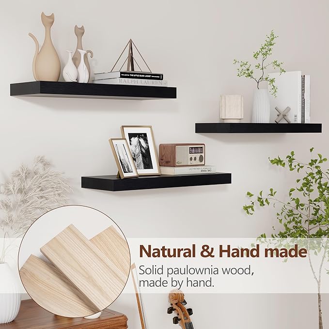 fuqing Floating Shelves for Wall - Black Wood Wall Shelves Set of 3 - Modern Style Wooden Shelves for Room Decor & Storage