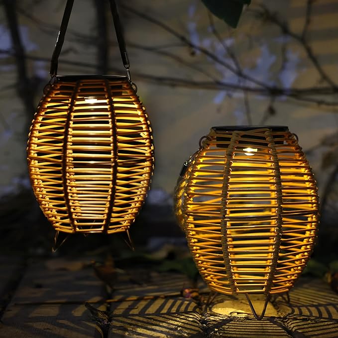 MYCRLIFE Outdoor Rattan Lanterns, Decorative Hanging Lights for Patio Garden Backyard （Two Pack）(Style 3)