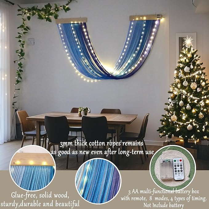 OakHaomie Macrame Fairy Lights Battery Operated with Remote,Large Macrame Wall Hanging with 20ft 100 LED String Lights, Blue Gradient Warm White Light for Living Room,Bedroom,Christmas,Holiday Deco