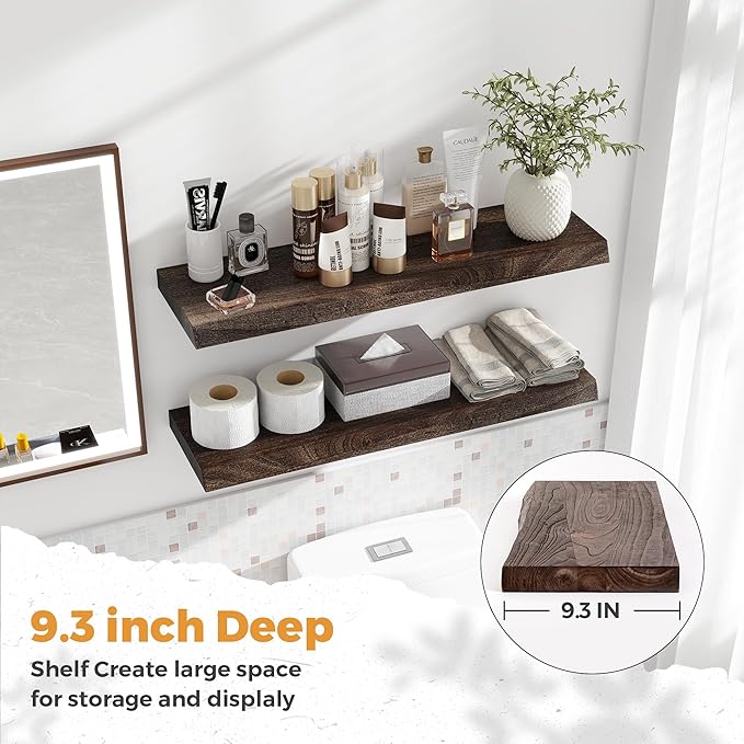 RICHFOCUS Live Edge Elm Floating Shelves - 30" W x 9.3" D Rustic Solid Wood Wall Shelves with Invisible Bracket, Wall-Mounted for Living Room, Bedroom, Kitchen Storage & Display, Set of 2, Walnut