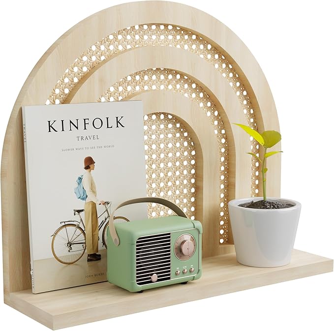 Natural Rattan Shelf, Handmade Woven Hanging Shelf for Storage and Decor, Rustic Farmhouse Boho for Kids, Bedroom, Office