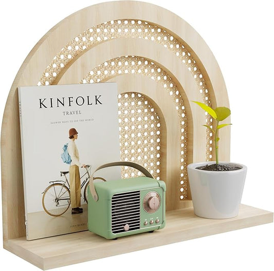 Natural Rattan Shelf, Handmade Woven Hanging Shelf for Storage and Decor, Rustic Farmhouse Boho for Kids, Bedroom, Office
