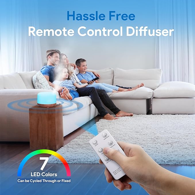 ASAKUKI Essential Oil Diffuser 500ml, Ultrasonic Aromatherapy Humidifier with Remote Control, 7 LED Colors, Timer & Auto-Off, Large Room Diffuser