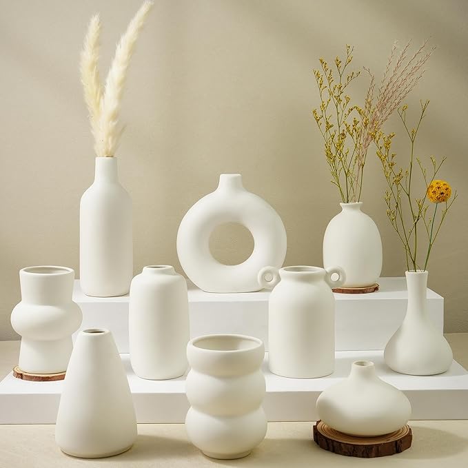 Small White Ceramic Vase Set of 10 Ceramic Bud Vases in Bulk Modern Farmhouse Boho VaseS for Pampas Grass, Flowers, Decorative Ceramic White Flower Vases for Home Decor, Entryway Table Decor