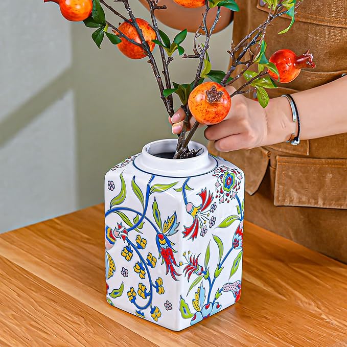 Sungmor Decorative Ceramic Ginger Jar with Lid, Square Ceramic Storage Jar Tea Canister, 8.2" Hand Painted Floral Pattern Porcelain Vase for Table Centerpiece, White Glazed Ginger Jar for Home Decor