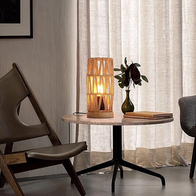 Bamboo Rattan Table Lamp for Living Room, Boho Handmade Woven Cylinder Lampshade Standing Lamp with Natural Wooden Base, Industrial Wicker Desk Light Decoration for Bedroom, Farmhouse