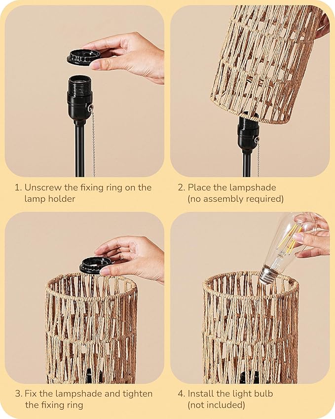 EDISHINE 19.1" Rattan Table Lamp, Tall Bedside Lamp with W-Knit Lampshade, Pull-Chain Switch & E26 Socket, Metal Base Boho Nightstand Lamp for Bedroom, Living Room, Office