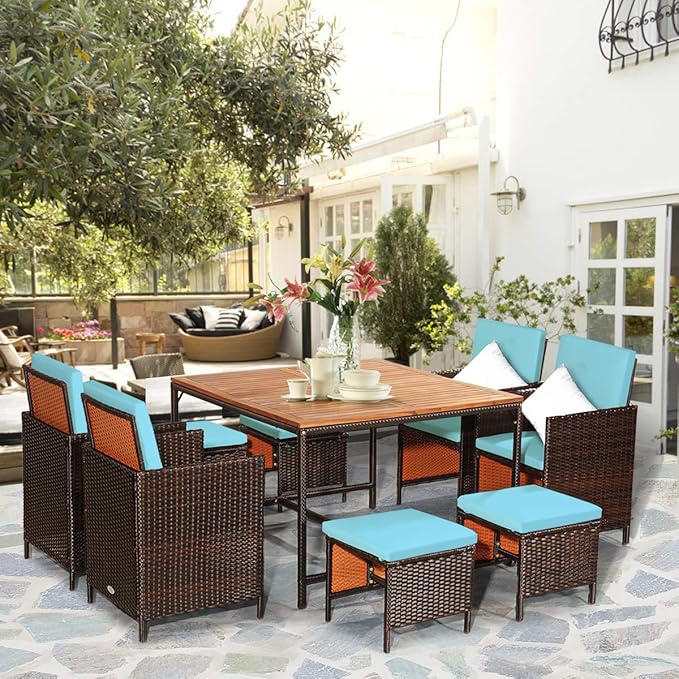 Tangkula 9 Pieces Acacia Wood Patio Dining Set, Space Saving Wicker Chairs and Wood Table with Umbrella Hole Outdoor Furniture Set, Suitable for Garden, Yard, Poolside, Outdoor Seating Set