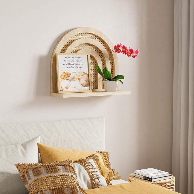 Natural Rattan Shelf, Handmade Woven Hanging Shelf for Storage and Decor, Rustic Farmhouse Boho for Kids, Bedroom, Office
