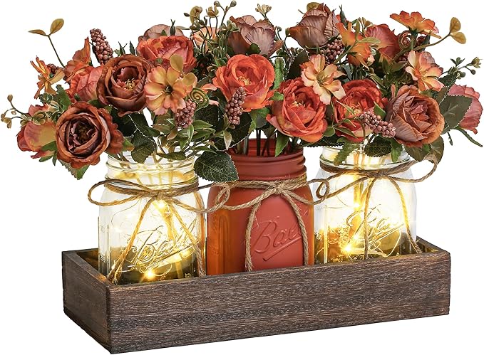 DUOER 3 Pcs Mason Jar Centerpiece Table Decorations for Dining Table Decor Farmhouse Coffee Table Decor with Wood Tray and Led Light Table Centerpieces for Dining room Kitchen Living Bathroom,Orange