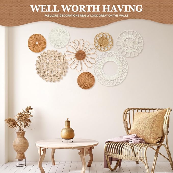 Boho Wall Basket Decor Set of 8,Rattan Flower Wall Decor,Flat Woven Baskets Wall Hanging Decor,Unique Boho Wicker Seagrass Wall Decor(Rattan Classic)
