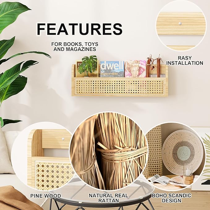 Wooden Rattan Wall Shelf - 24’’ Nursery Hanging Book Shelves for Wall, Picture Ledge Wicker Shelf, Boho Decorative Shelves for Netural Nursery Decor, Floating Rattan Shelf for Office,Bedroom