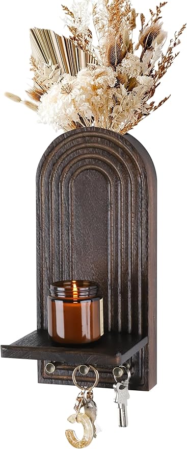 3-in-1 Wooden Wall Organizer - Planter Vase + Candle Sconces + Hooks (No Dried Flower)- Farmhouse Hanging Decor Boho Wall Art for Indoor Plants Artificial Eucalyptus for Living Room Bedroom Brown