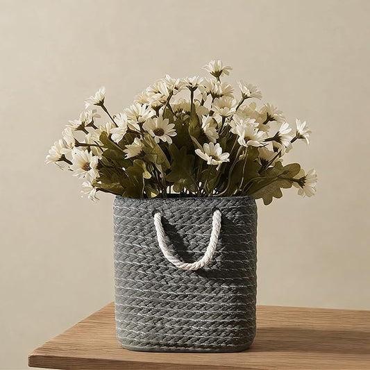 Vaseking Elegant Petite Vase, 6.6 inch Ceramic Modern Minimalism Basket Vase with Hanging Rope, Creative Tote Bag Vases for Home Decor, Living Room, Wedding, Bookshelf Decor, Gray