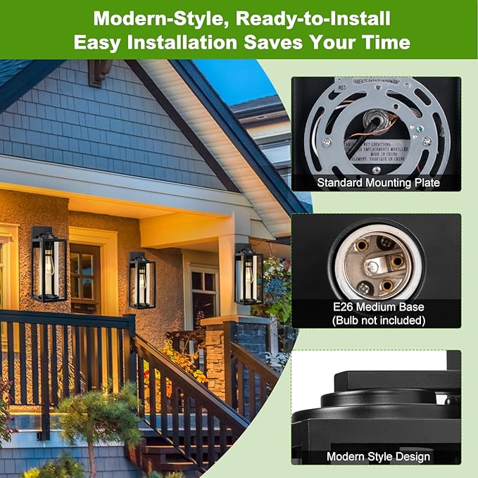 FILIYANO 20inch Large Outdoor Wall Lights - 2 Packs Modern Black Exterior Light Fixture with Clear Glass Shade, Waterproof Porch Lighting for House, Farmhouse Sconces Lantern for Front Door, Garage