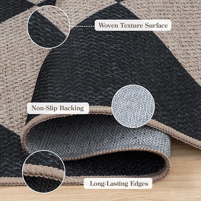 Collive Checkered Easy Jute Outdoor Patio Rug 5x7, Modern LargeWashable Area Rugs Large Non Slip Woven Living Room Carpets, Farmhouse Black Plaid Outside Carpet for Backyard Dining Room Dorm RV