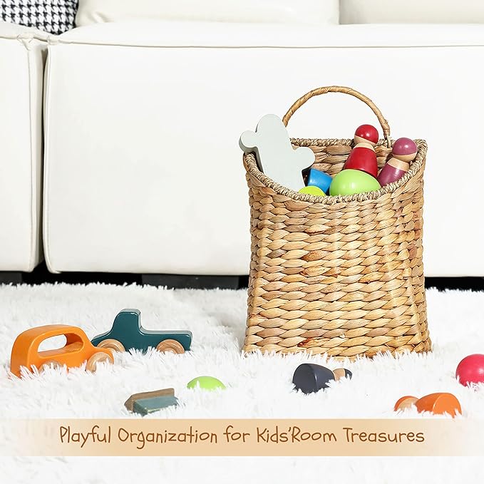 Water Hyacinth Wall Basket, Boho Hand-Woven Hanging Basket for Front Door, Porch & Entryway, Wicker Basket Organizes Mail, Books, Plants, Flowers & Decor, 13x8.5 Inch