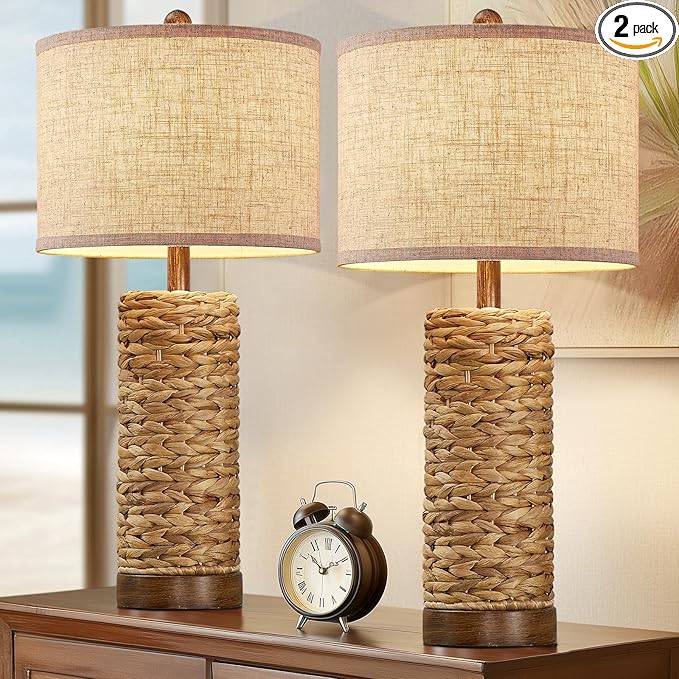27.5'' Tall Natural Rattan Table Lamps Set of 2, Hand - Woven Wicker Lamp with Linen Shade, Rustic Coastal Boho Style Table Lamps for Bedroom, Living Room, Home Decor