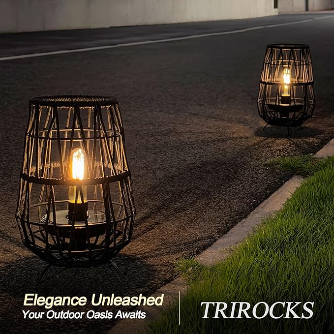 TRIROCKS Set of 2 Solar Lantern Outdoor Table Lamp Outside Hanging Solar Lights with Olifen Rope Waterproof Rattan Outside Deck Light for Patio Garden Lawn Yard (Black)