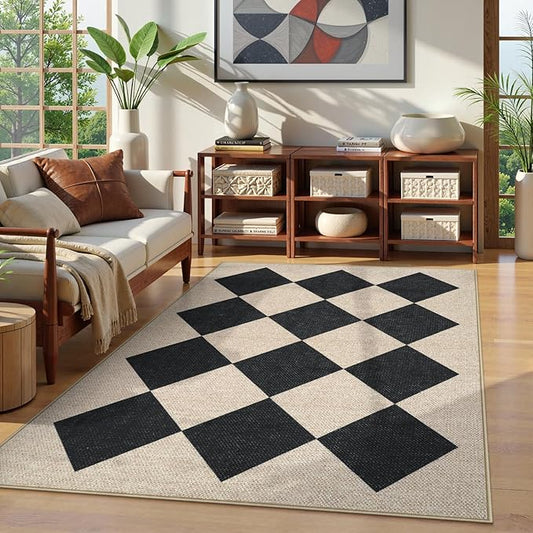 Collive Checkered Easy Jute Outdoor Area Rug 5x7, Washable Black Diamond Living Room Rugs Non Slip, Modern Farmhouse Indoor Outdoors Carpets for Dining Room Nursery Patio Bedroom Backyard Camping