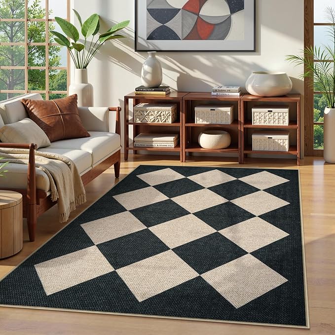 Collive Checkered Easy Jute Outdoor Patio Rug 5x7, Modern LargeWashable Area Rugs Large Non Slip Woven Living Room Carpets, Farmhouse Black Plaid Outside Carpet for Backyard Dining Room Dorm RV