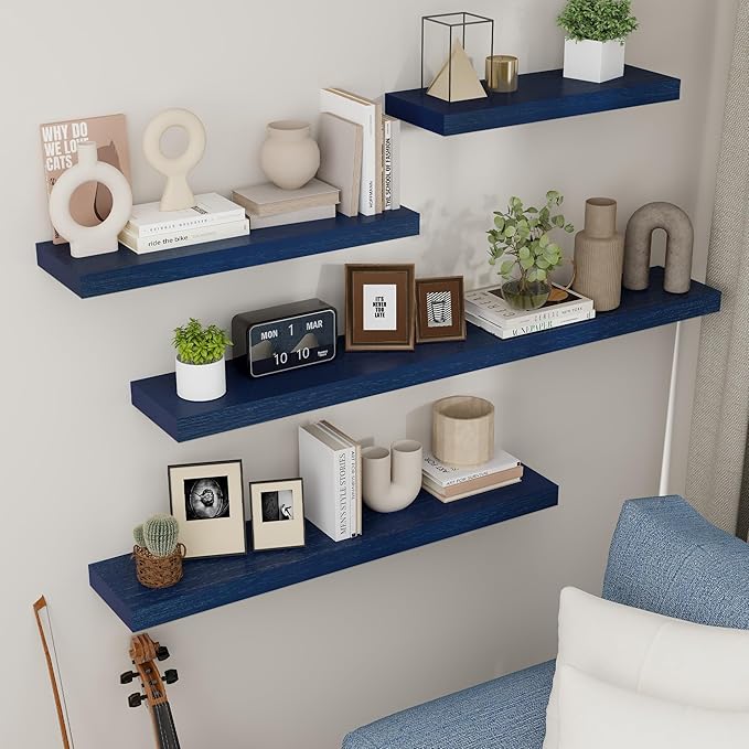 fuqing Blue Floating Shelves for Wall - Wood Wall Shelves Set of 3 - Dark Blue Shelves for Room Decor & Storage in Bedroom Living Room Bathroom Kitchen