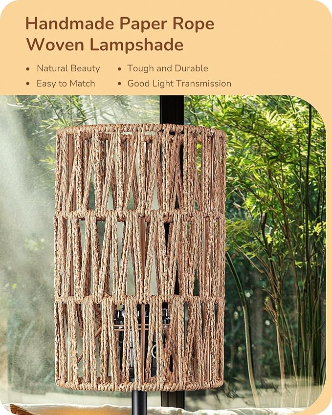 EDISHINE 19.1" Rattan Table Lamp, Tall Bedside Lamp with W-Knit Lampshade, Pull-Chain Switch & E26 Socket, Metal Base Boho Nightstand Lamp for Bedroom, Living Room, Office