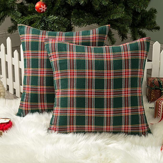 AQOTHES Pack of 2 Christmas Plaid Decorative Throw Pillow Covers Scottish Tartan Cushion Case for Farmhouse Home Holiday Decor Red and Green, 18 x 18 Inches
