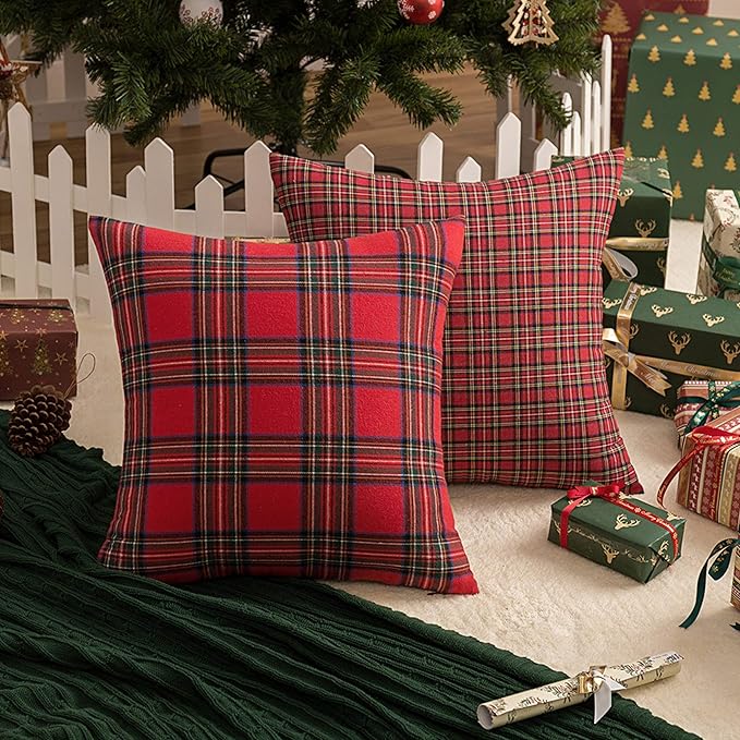 AQOTHES Pack of 2 Christmas Plaid Decorative Throw Pillow Covers Scottish Tartan Cushion Case for Farmhouse Home Holiday Decor Red and Green, 24 x 24 Inches