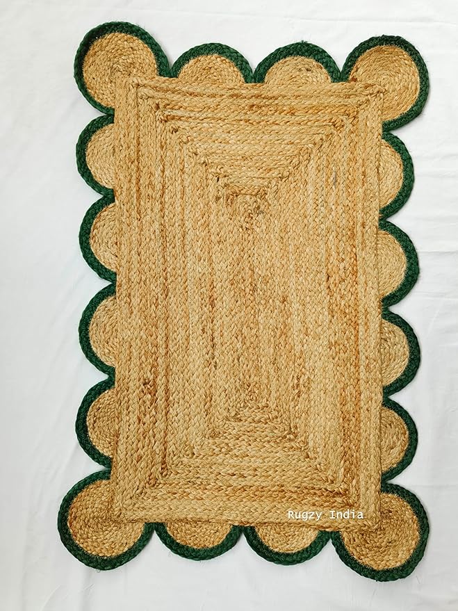 RugzyIndia Scalloped Pattern Natural Jute Area Rug Bohemian Entryway Doormat Rug Farmhouse Scallop Rug Natural Base Green Border Runner Rugs (Green, 2'x3')