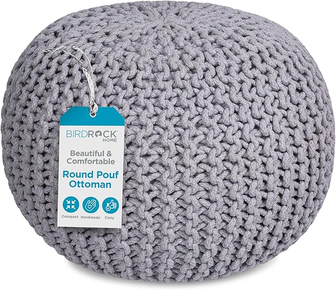BIRDROCK HOME Round Pouf Ottoman | Cotton Braided Foot Stool with Bean Bag Filling | Boho Foot Rest for Living Room & Bedroom | Compact & Comfortable Seating, Lightweight & Soft | Light Grey