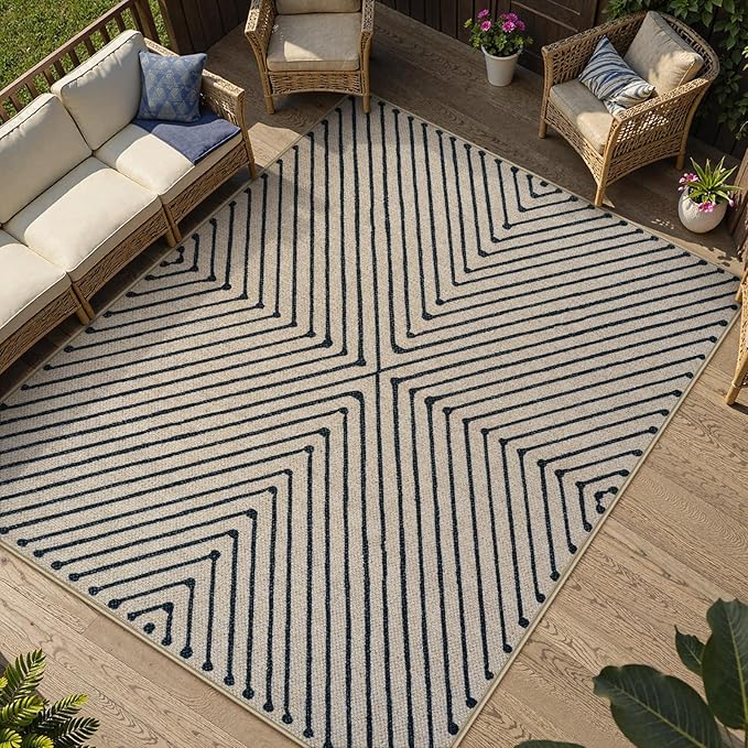 Collive 5x7 Easy Jute Outdoor Patio Rug, Black/Neutral Large Washable Area Rugs for Living Room Non Slip, Modern Geometric Farmhouse Dining Room Carpets for Bedroom Dorm Outside Porch