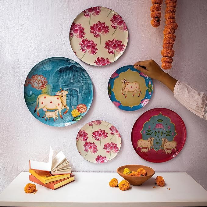 RITUALISTIC Pastel Pichwai Iron Wall Plates- Set of 5 (Multicolor) | Wall Arts For Home Decoration, Bedroom, Office Decor & Christmas gifts| Aesthetic Room Decor Items | Wall Hanging Showpiece