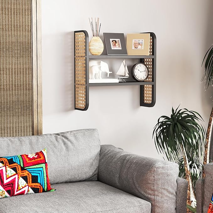 2-Tier Rattan Shelf, Black Rattan Bookshelf Wall Mounted, Handmade Woven Display Shelf, Decorative Boho Shelves for Entryway, Nursery, Kitchen, Bathroom, Living Room